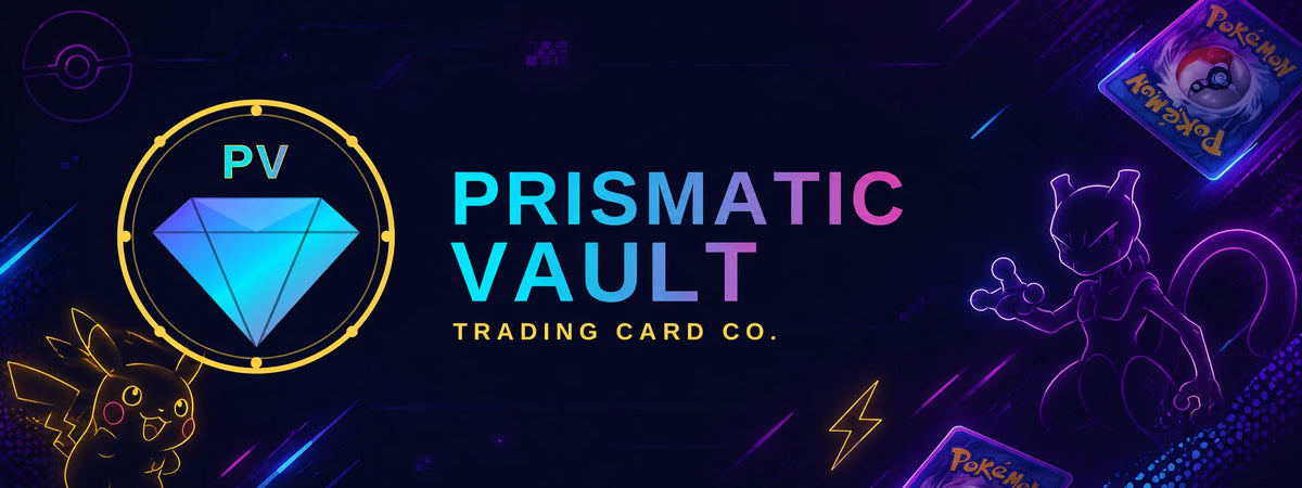 Prismatic Vault - Trading Card Co. banner con Pikachu, Mewtwo y cartas Pokemon